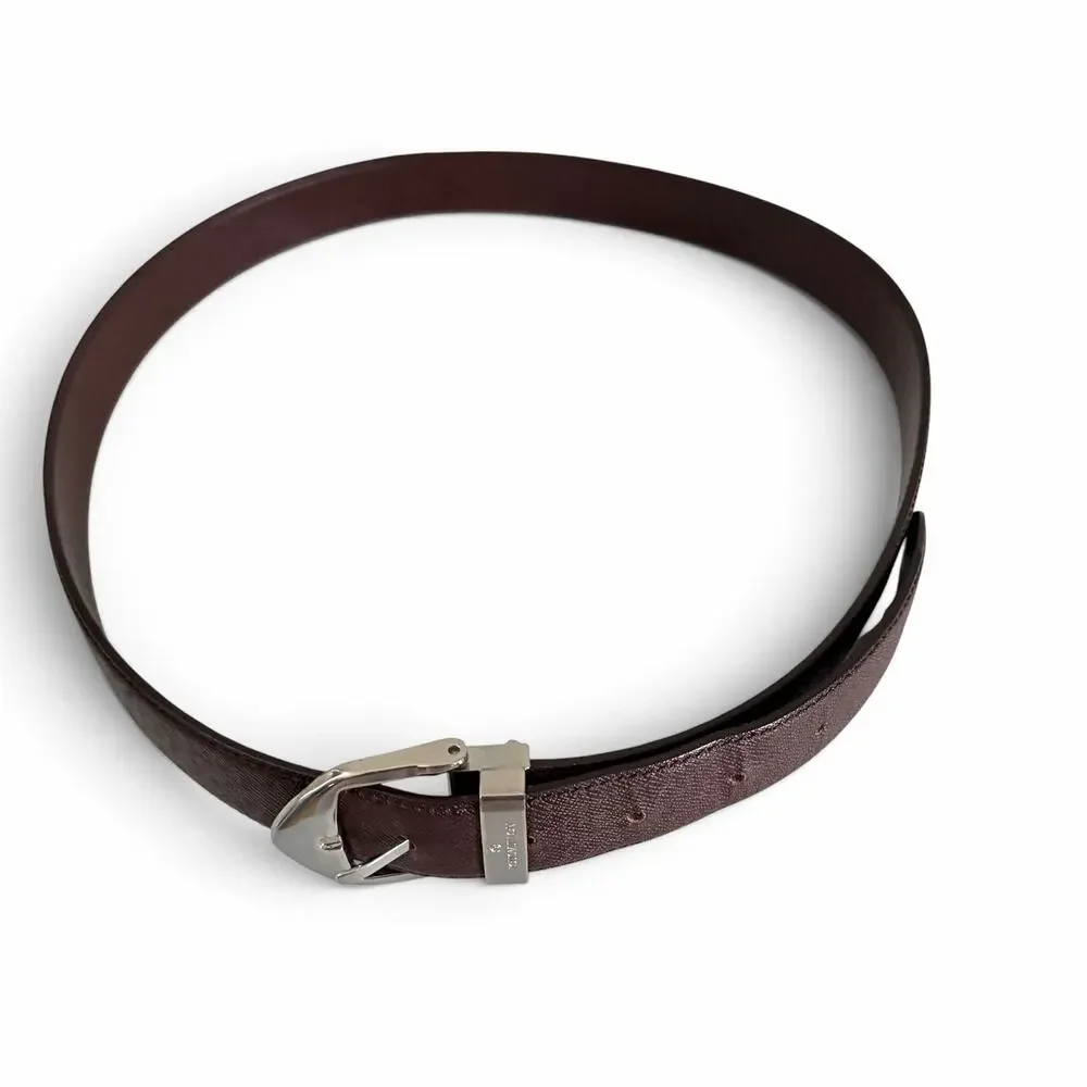 Louis Vuitton Taiga Leather Belt Silver Buckle Brown Made in France